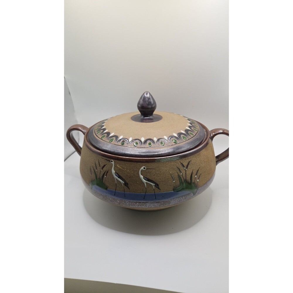 Vintage Tonala Perez Mexican Pottery Lidded Casserole Dish Heron Crane
